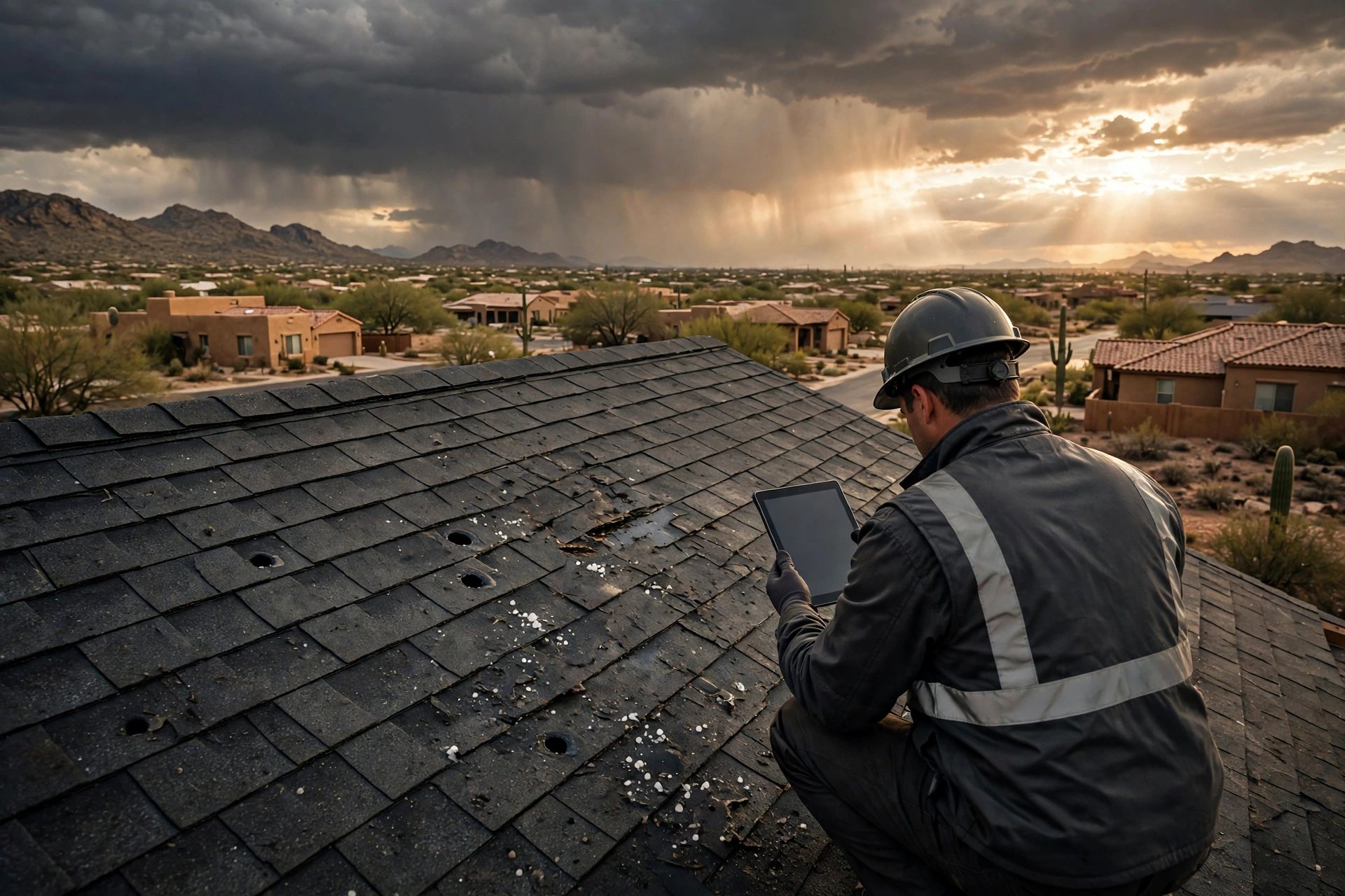 Roof inspector documenting hail and wind damage after a storm in El Paso