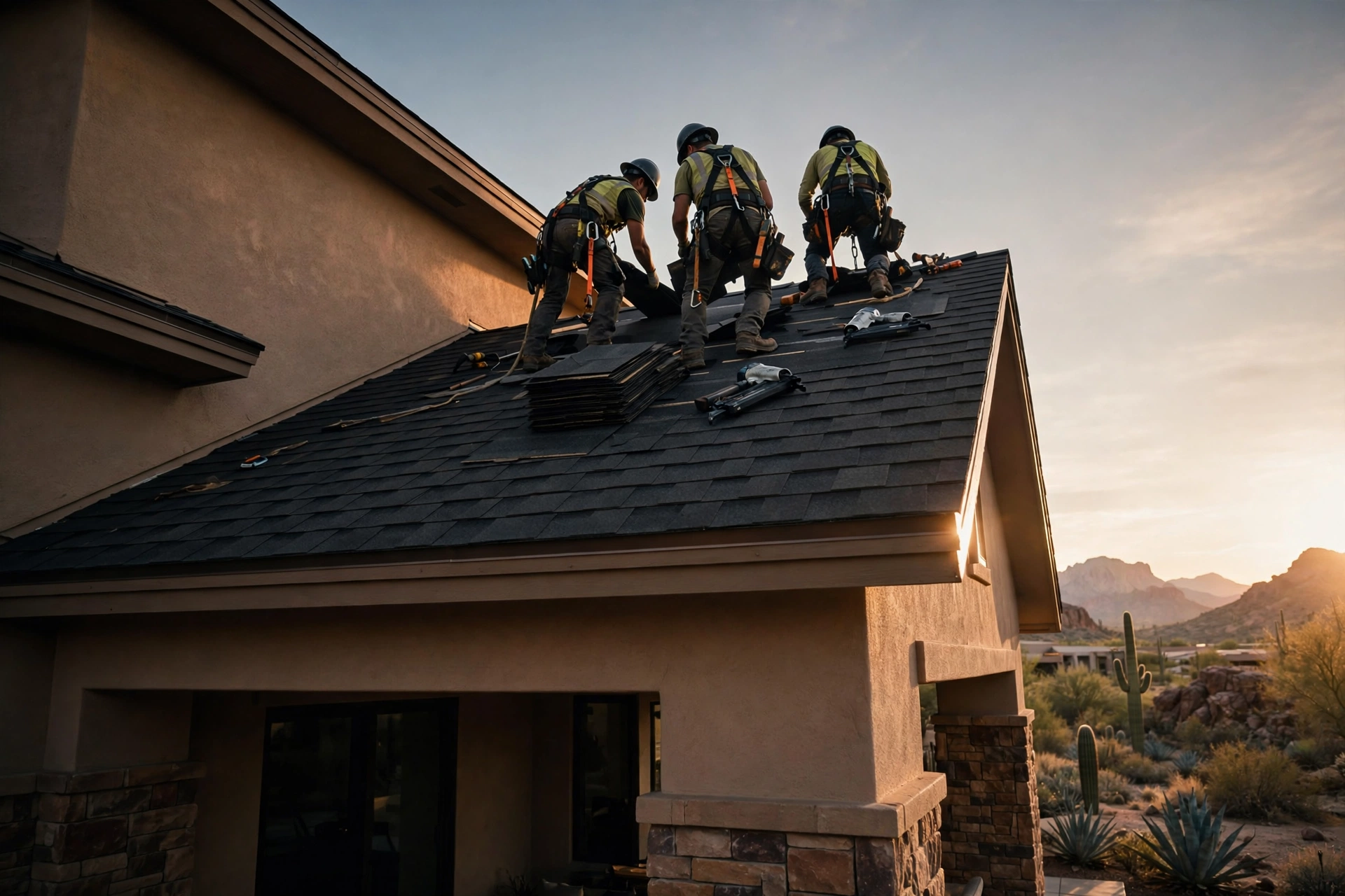 Residential roof with shingles under bright El Paso sky