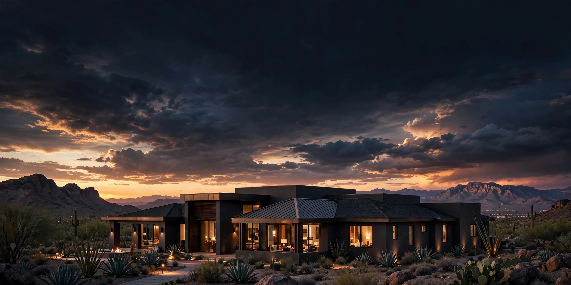 Cinematic view of a residential roofline under dramatic sky above El Paso and Las Cruces