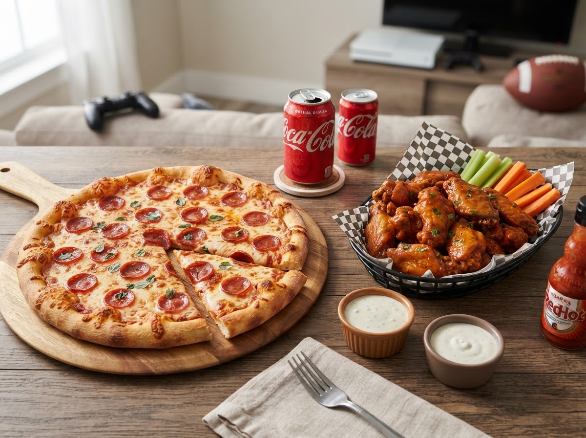 Game Night Combo: 1 Large Pizza + 10 Wings + Dips