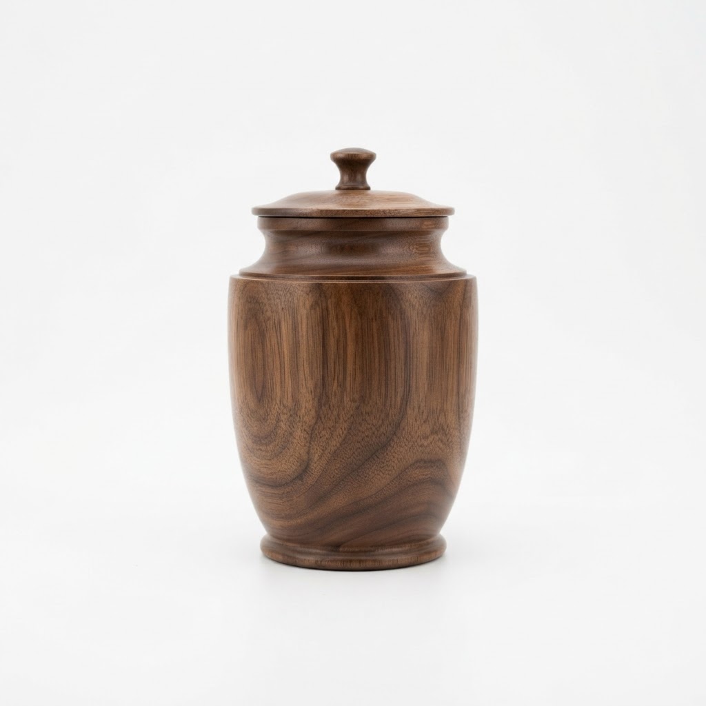 A dark walnut wooden cremation urn shown against a plain surface.