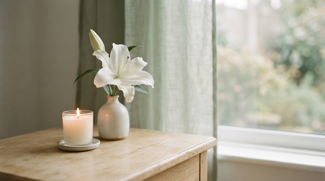 A quiet memorial setting with a single white lily and a softly lit candle by a window.