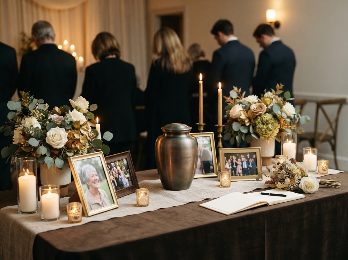 A memorial scene with an urn, framed photographs, and soft candlelight.