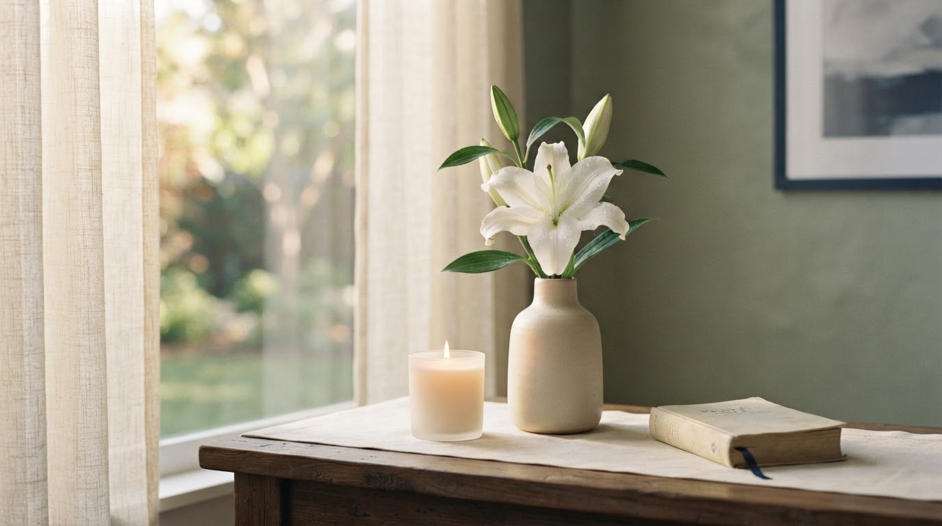 A calm memorial scene with a single white lily and a softly lit candle near a sunlit window.