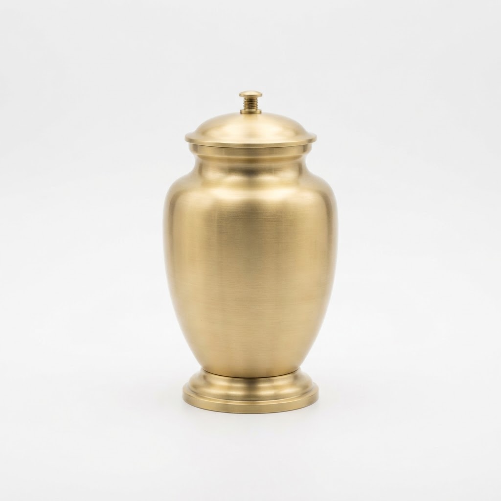 A brushed brass metal cremation urn shown against a plain surface.