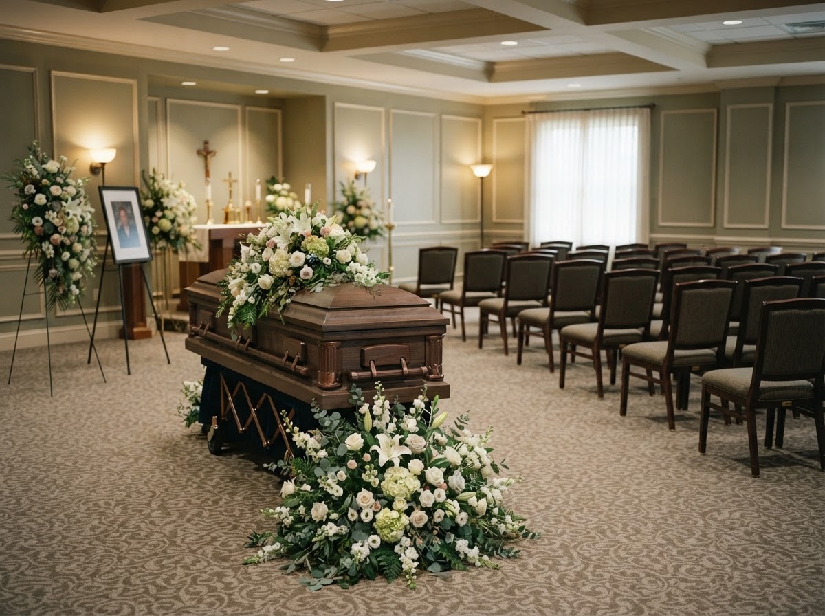 A traditional viewing room with flowers and rows of empty chairs in soft light.
