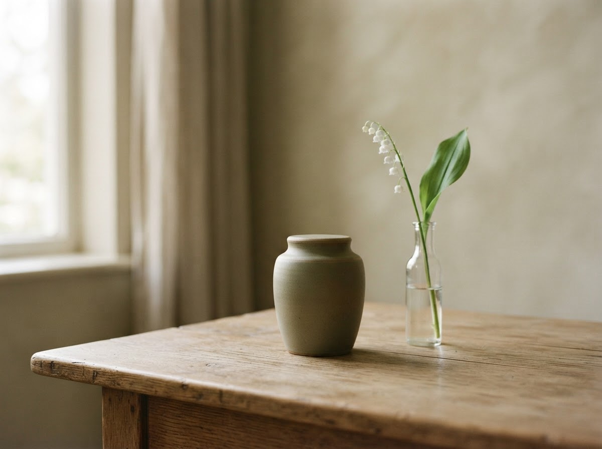 A simple arrangement with an urn and a single stem of flowers in soft light.