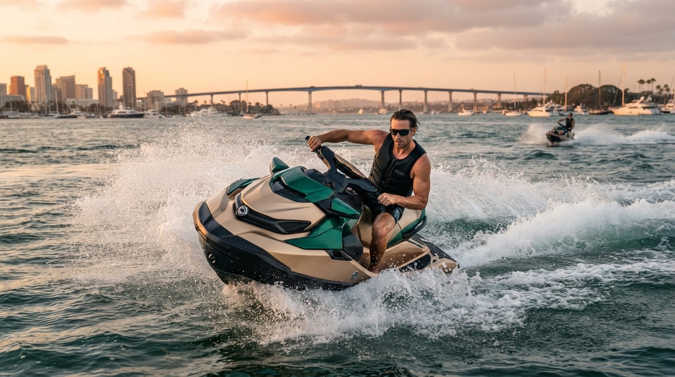 Wave Kings jet ski experience on San Diego bay at sunset
