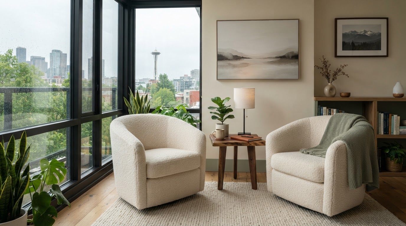 A calm, welcoming therapy office interior in Seattle