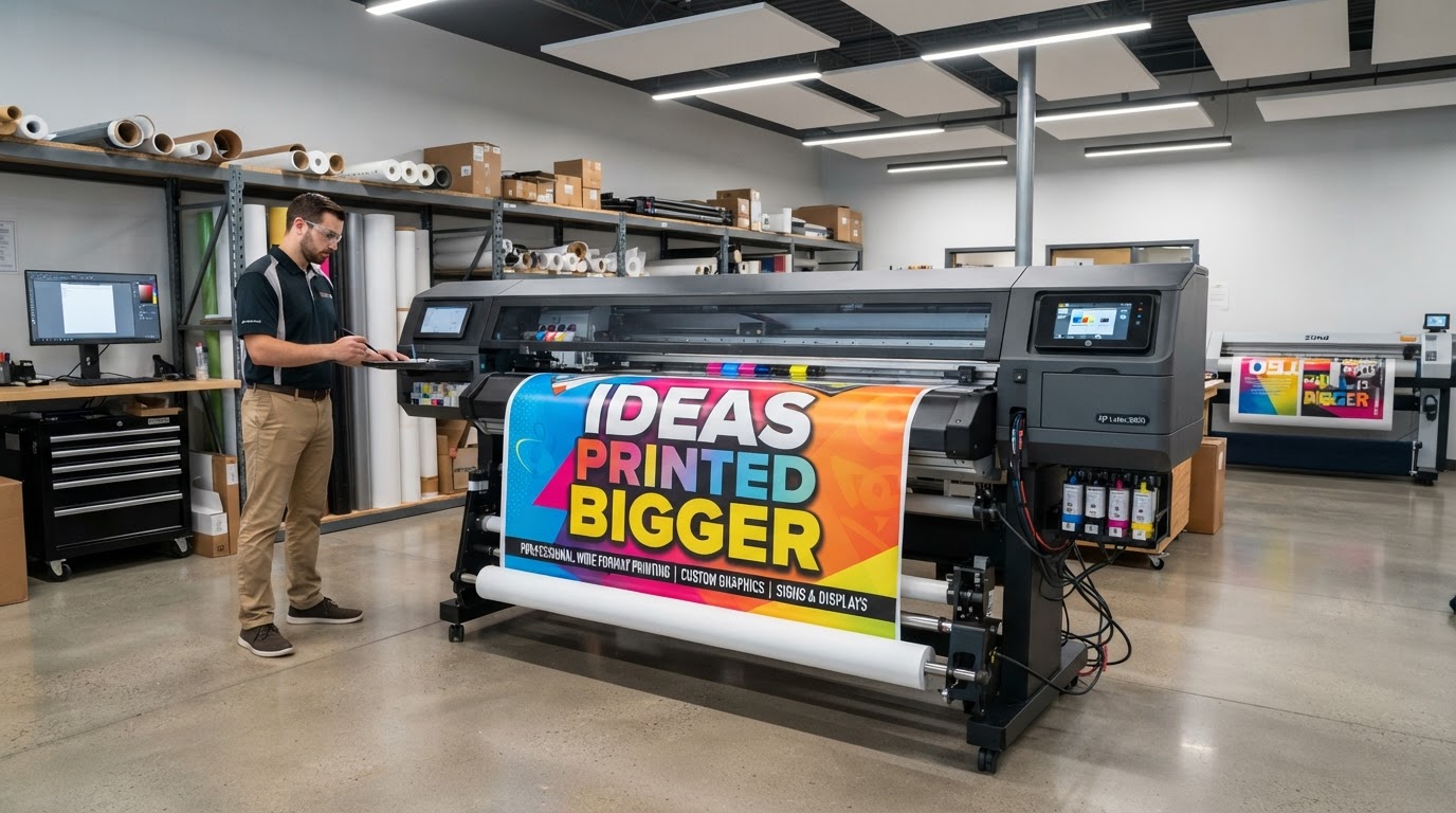 Commercial wide-format printing press producing vibrant colorful graphic in Montebello shop
