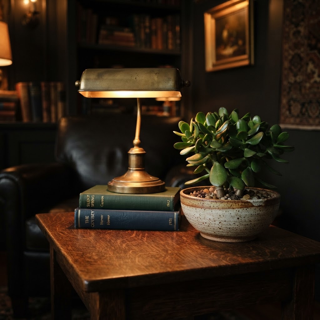 Brass lamp resting on oak side table with books and jade plant