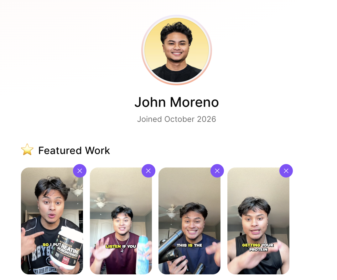 John Moreno Trybe Creator Profile screenshot featuring real UGC video clips