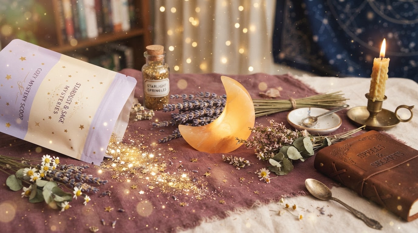 A glowing crescent moon among dried lavender and paper-bag sparkles — a celestial mystery scoop still life