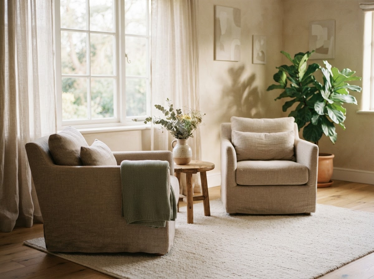 A quiet, sunlit counseling room with two linen chairs, soft natural light, and a sage blanket folded on a wooden table.