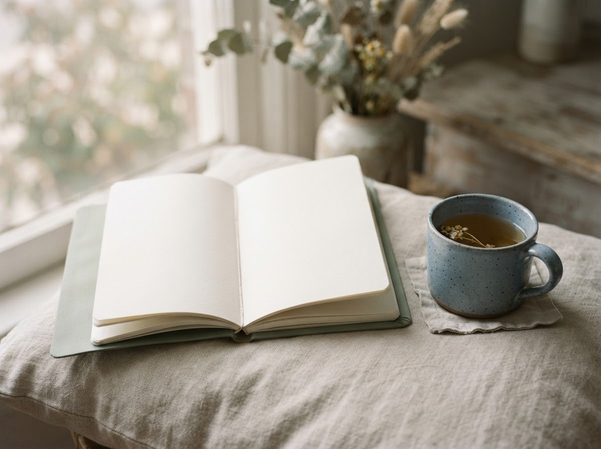 An open notebook on a linen cushion beside a cup of herbal tea in soft morning light.