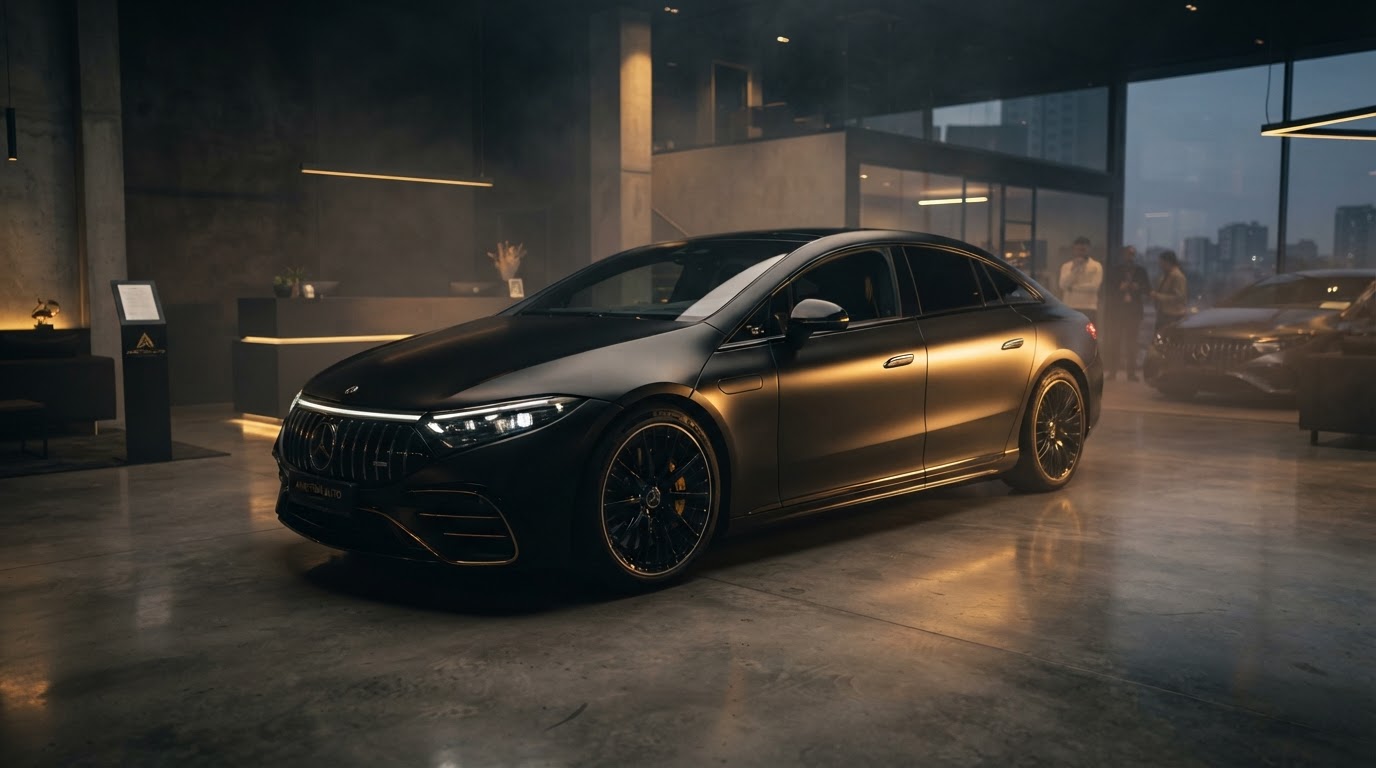 Premium matte-black sedan in a modern car showroom
