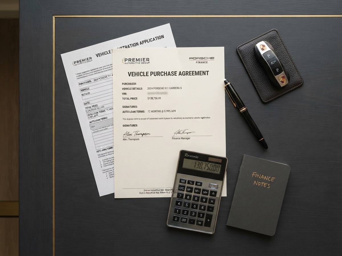 Car purchase paperwork, keys, and a pen on a desk