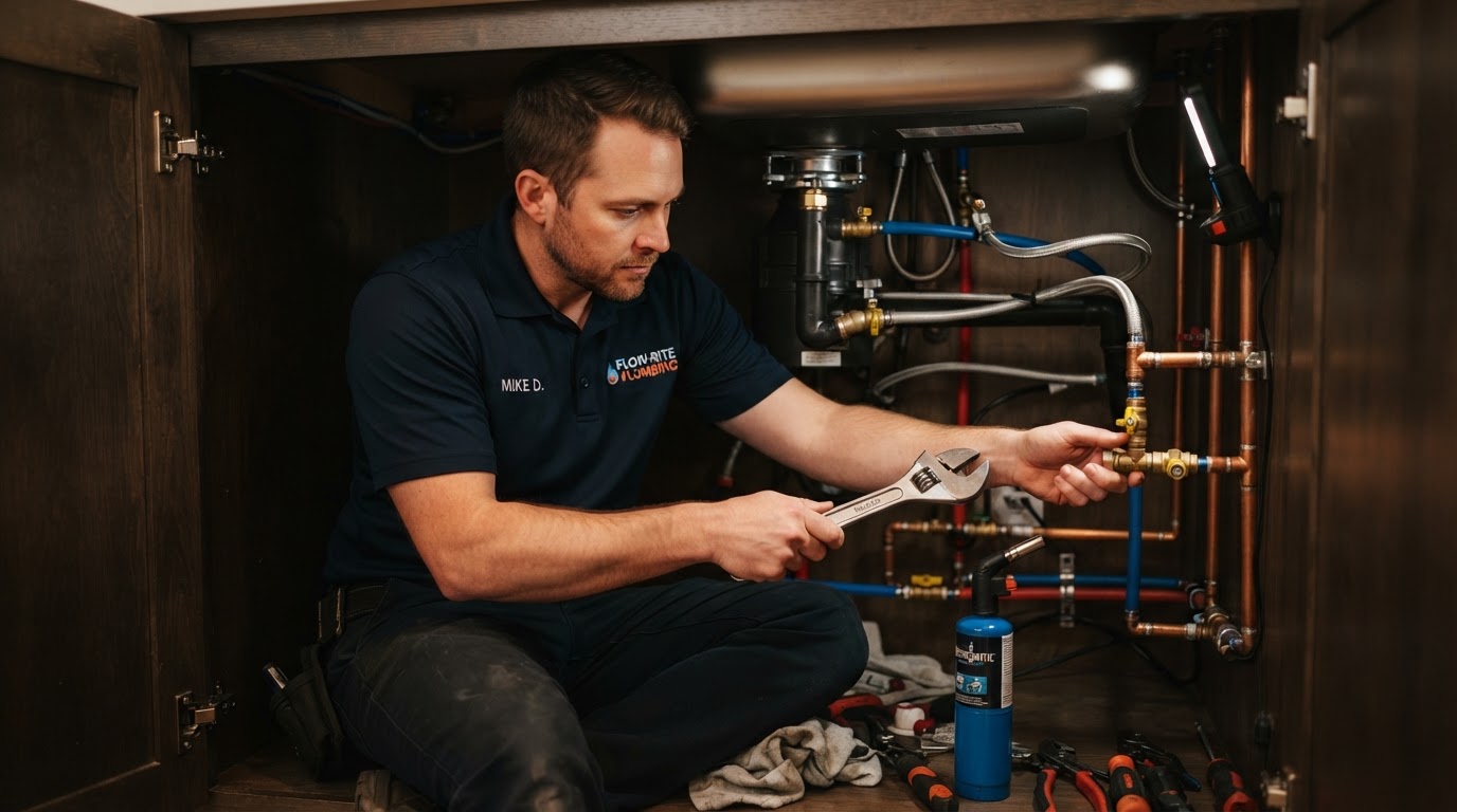 Alder & Valve plumber installing copper and PEX piping beneath a modern residential kitchen sink.