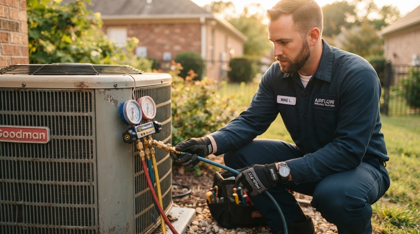Kestrel Heating & Air technician connecting service manifold gauges to a residential condenser at golden hour.