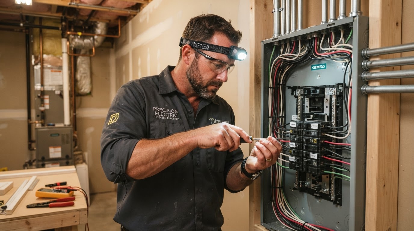 Hightide Electrical licensed electrician installing a modern residential breaker panel with neat conduit runs.