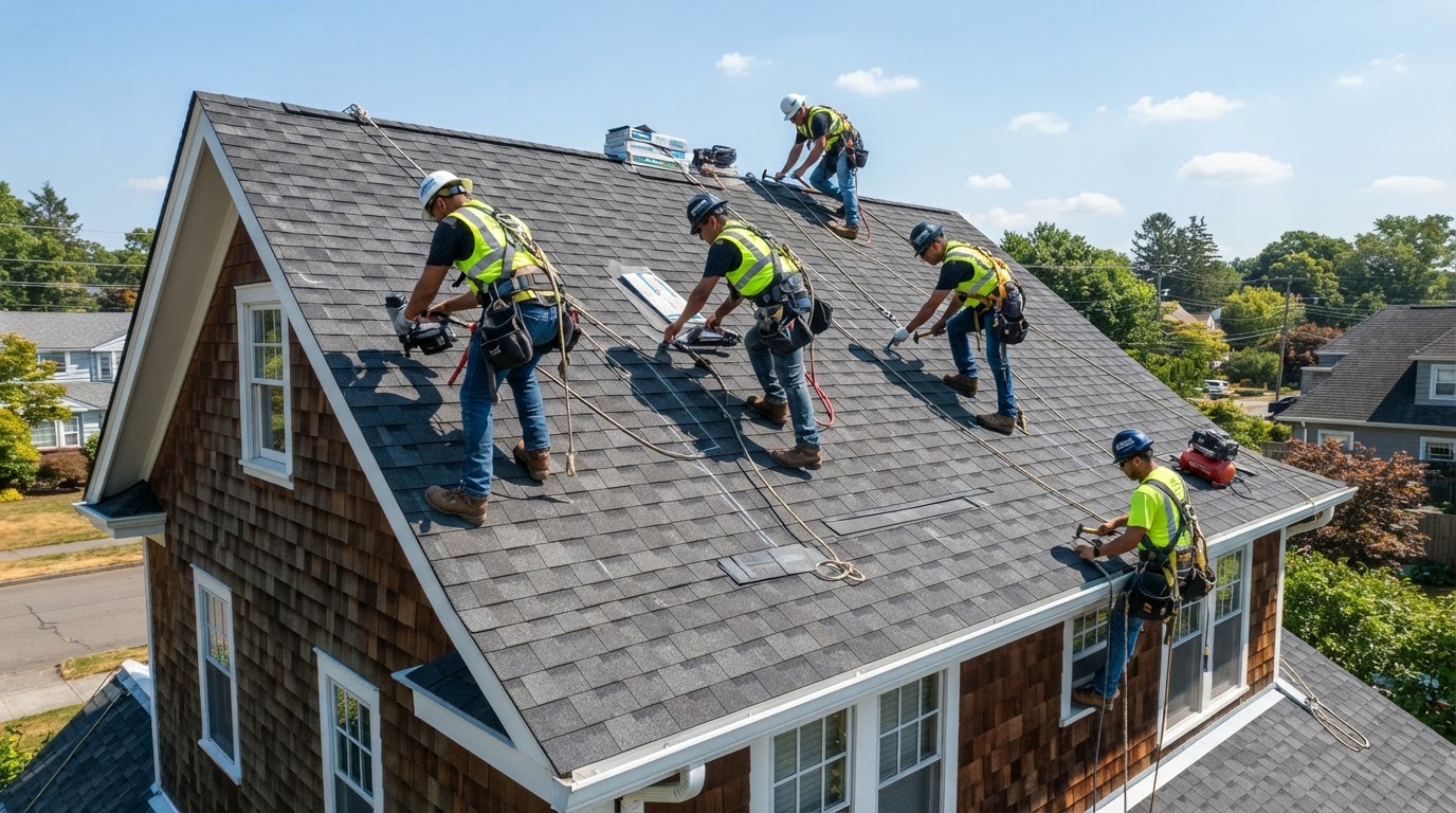 Northcrest Roofing crew installing architectural shingles on a residential roof under a clear sky.