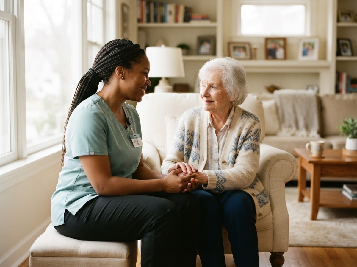 A caregiver holding an elderly woman's hand in a sunlit living room