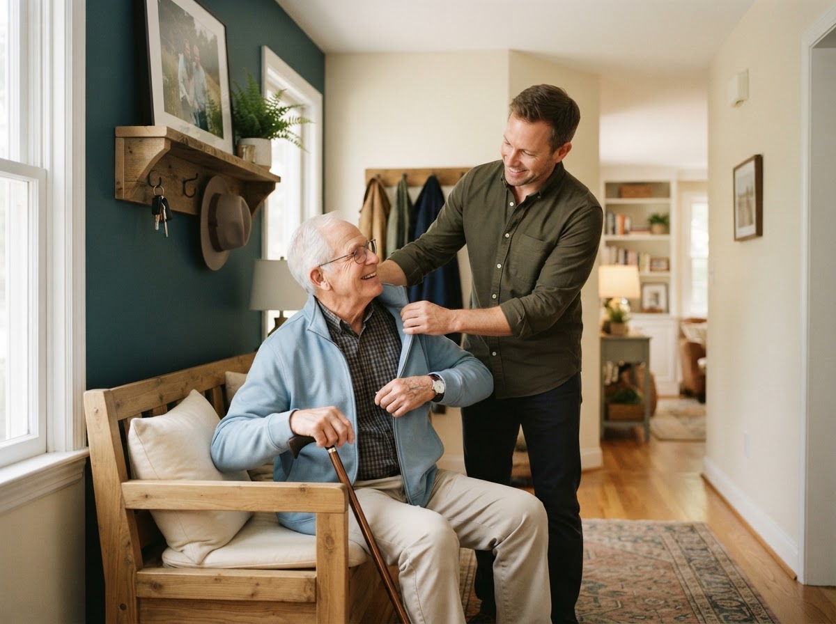 A caregiver helping a senior man with his jacket at home
