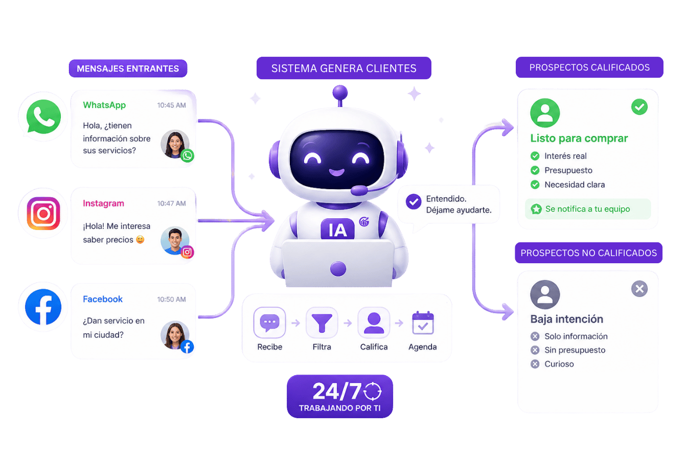 Diagrama del Sistema Genera Clientes: mensajes entrantes de WhatsApp, Instagram y Facebook filtrados y calificados 24/7