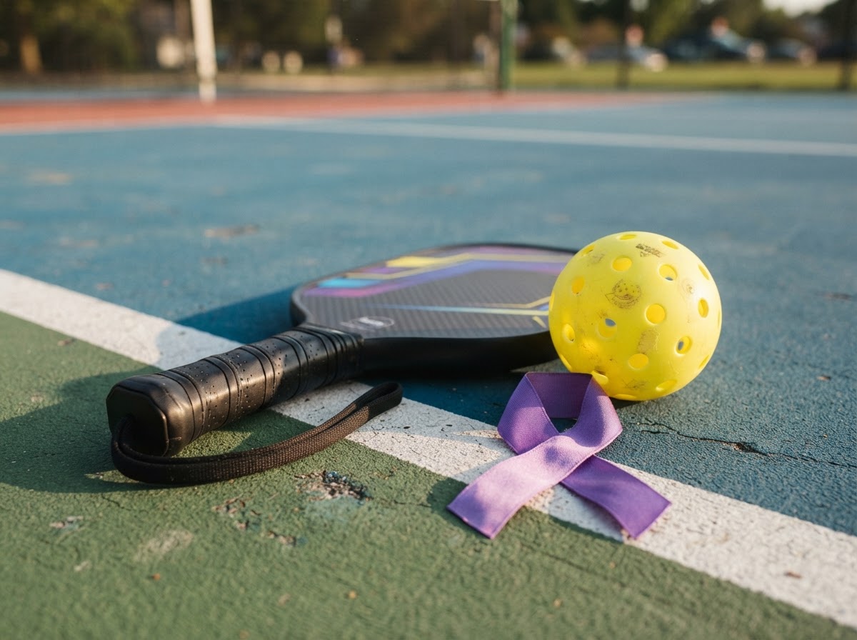 A pickleball and paddle resting beside a purple awareness ribbon