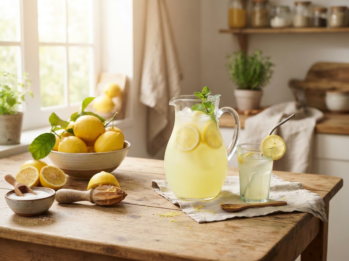 A bright scene of fresh lemons, a pitcher of lemonade and a small bowl of sugar on a sunlit table