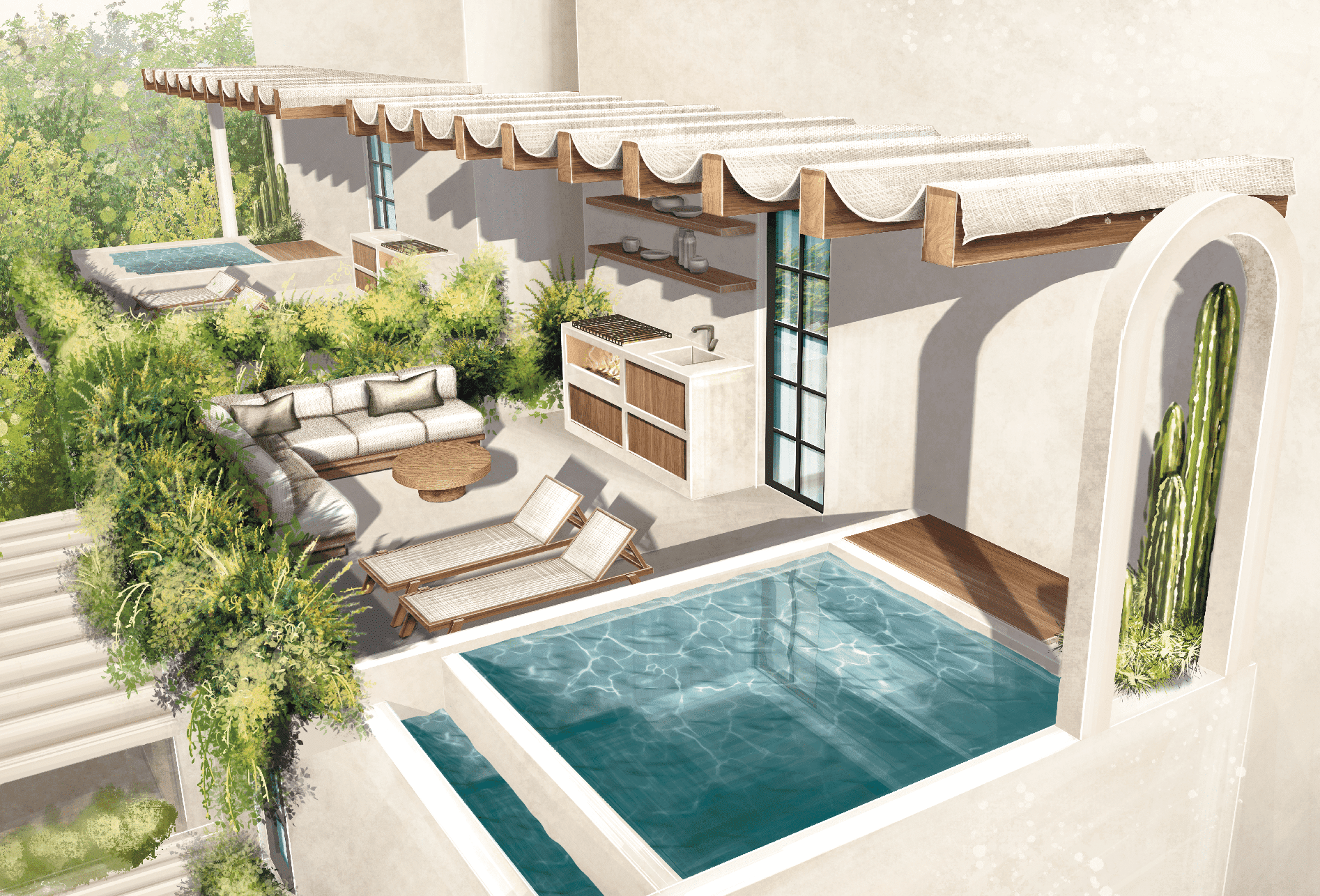 Adhonai private rooftop terrace with pool, outdoor kitchen and lounge