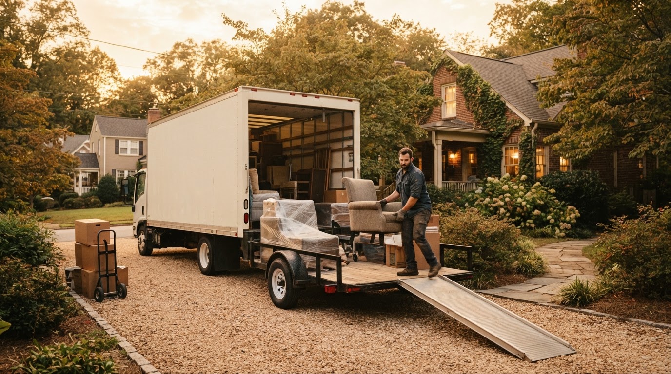 Hall's Hauling moving truck and trailer in a Winston-Salem driveway during a local haul
