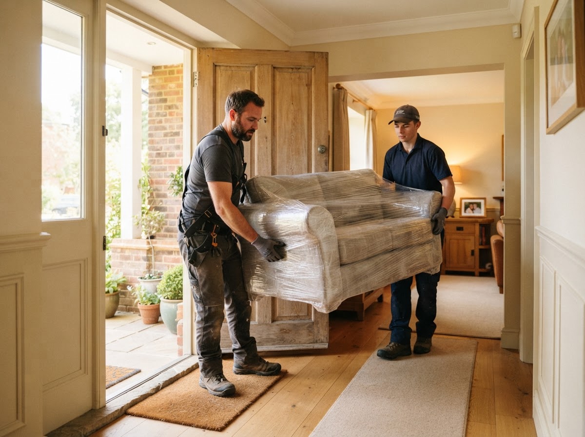 Hall's Hauling movers carefully carrying furniture through a doorway on a local move