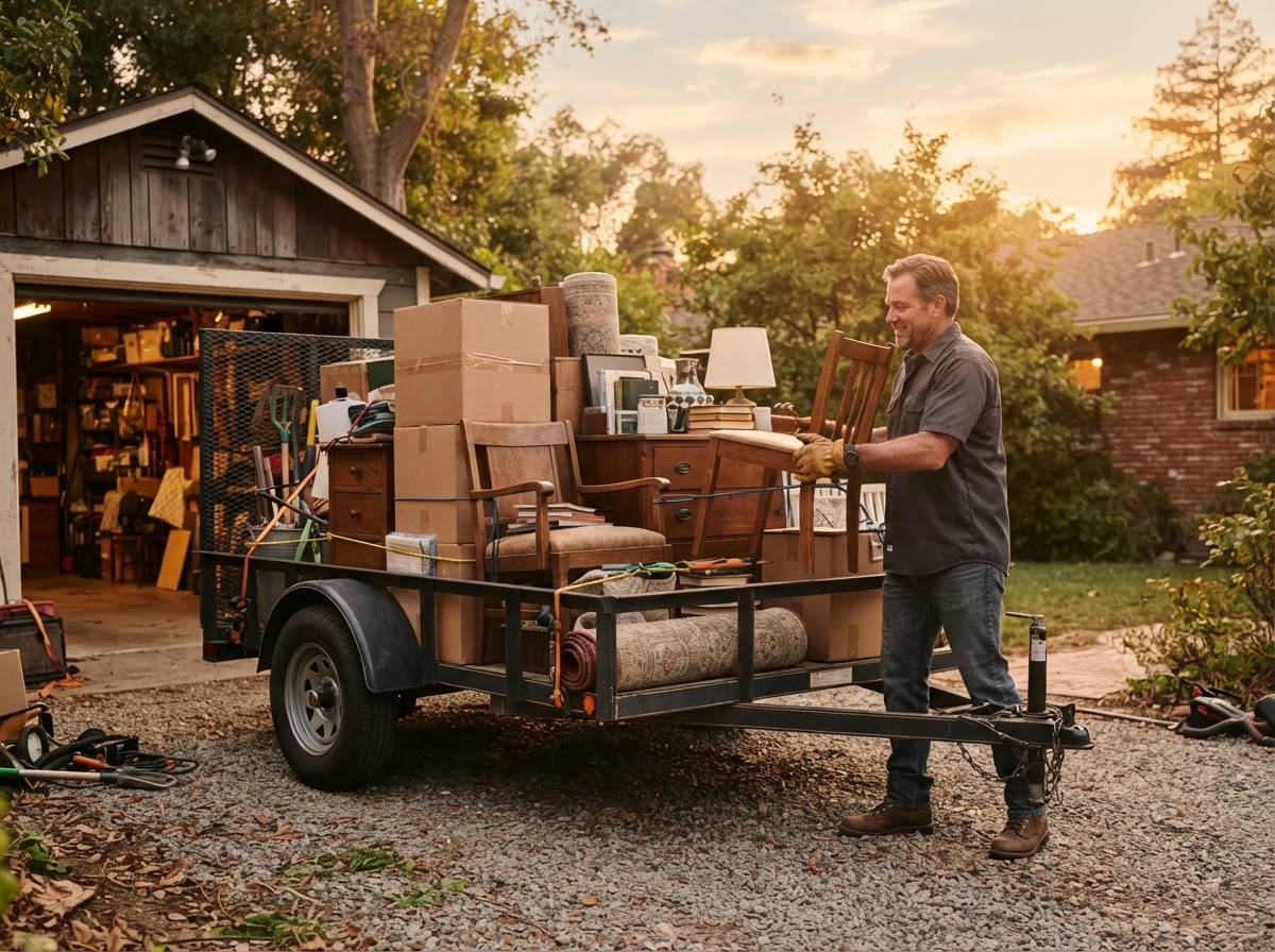 Hall's Hauling trailer being loaded with household items from a garage cleanout