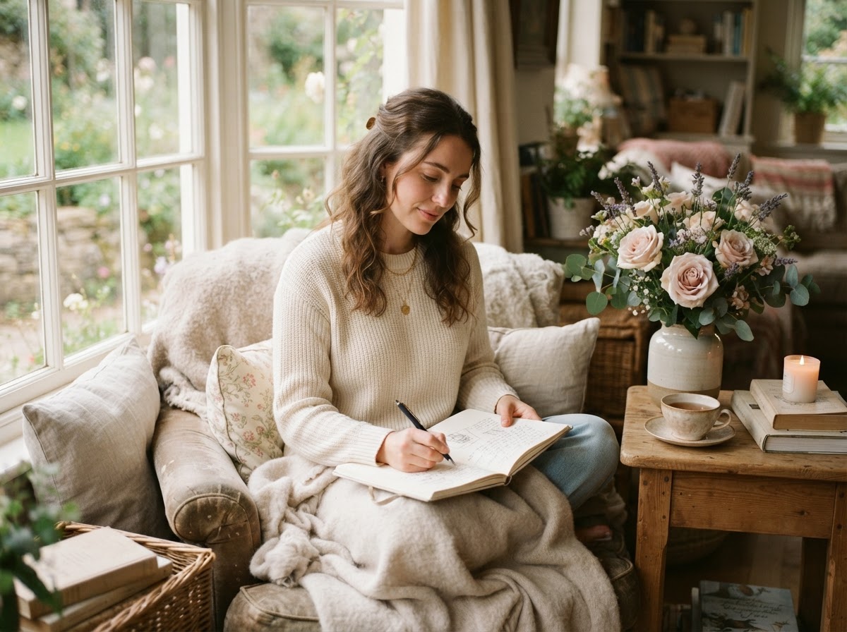 A woman writing peacefully in her journal in a cozy sunlit nook
