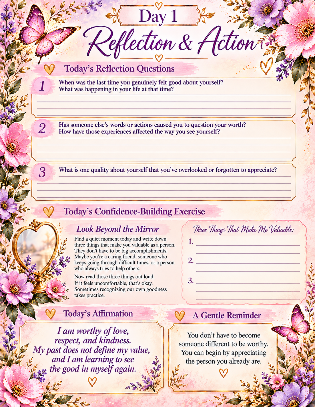 Day 1 Reflection and Action page with questions and confidence-building exercise