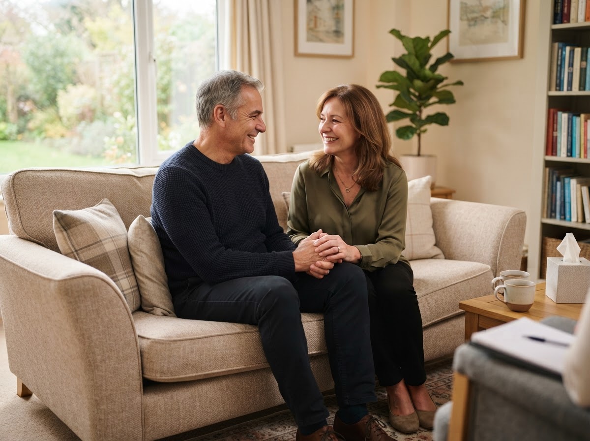 Couple holding hands on a sofa in a supportive therapy setting