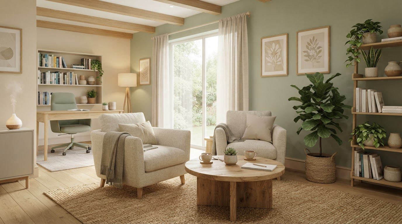 Warm, welcoming Kim North therapy office with soft natural light, comfortable seating and plants