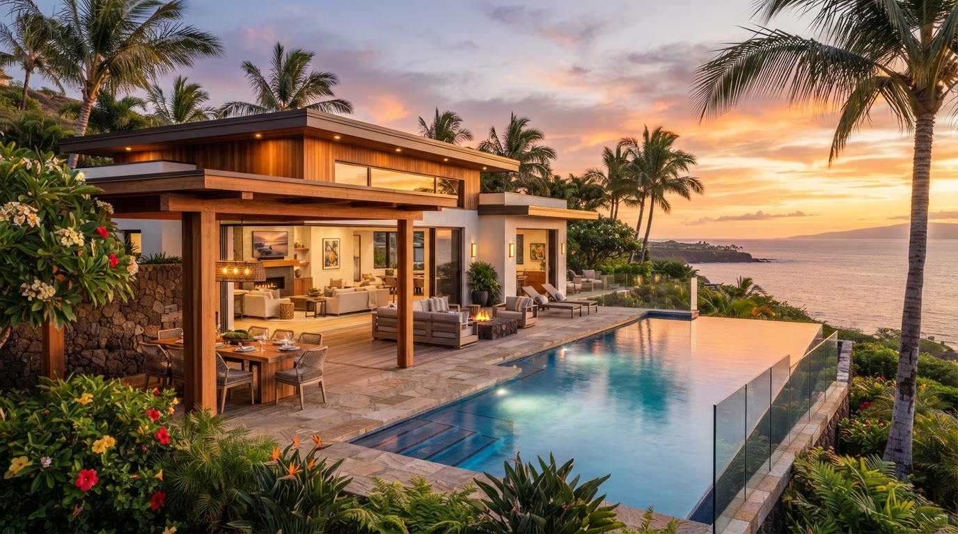 Conceptual Maui lifestyle: a luxury home with an infinity pool overlooking the ocean at sunset