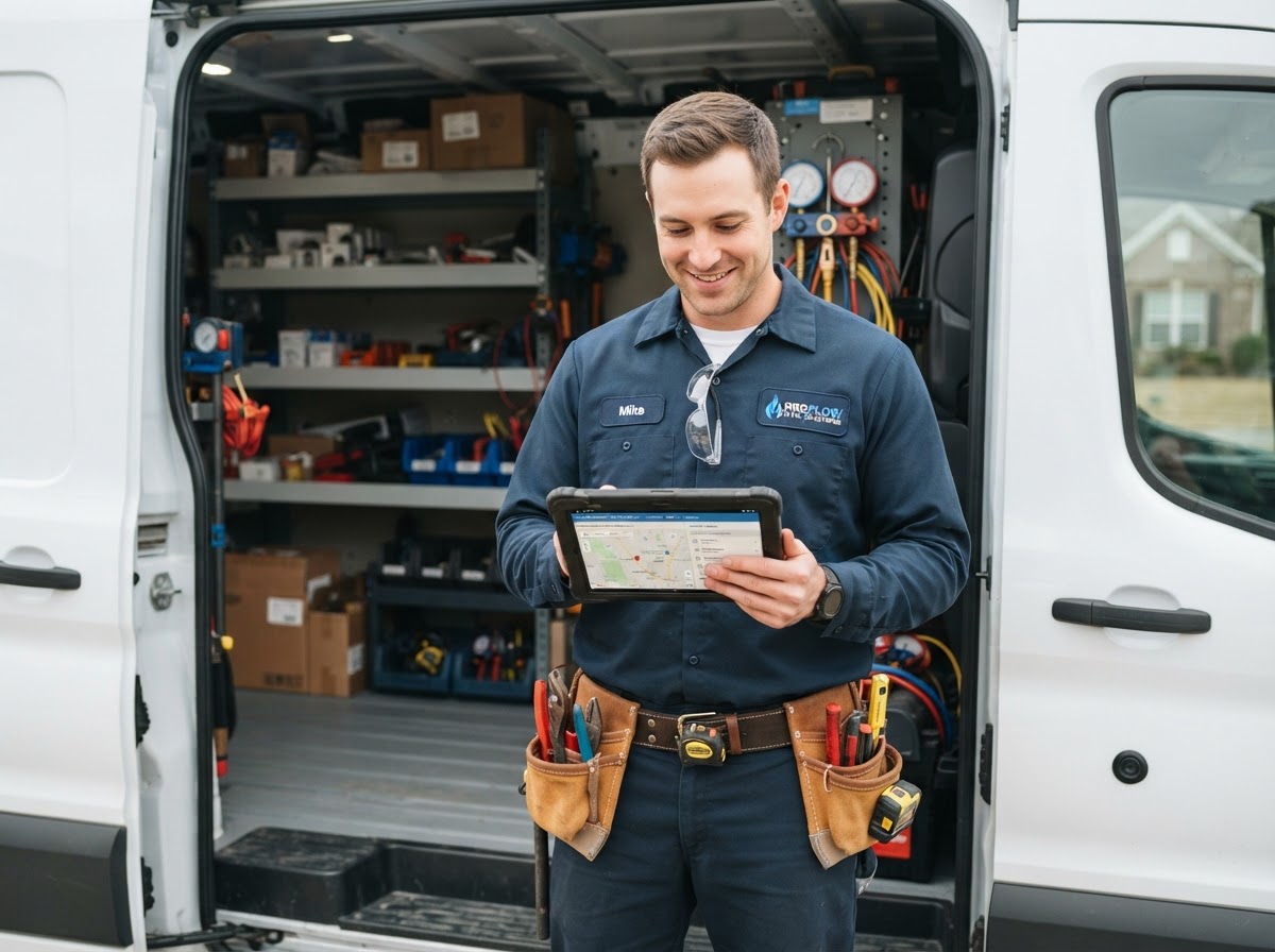 An HVAC technician in a service van reviewing job details on a tablet