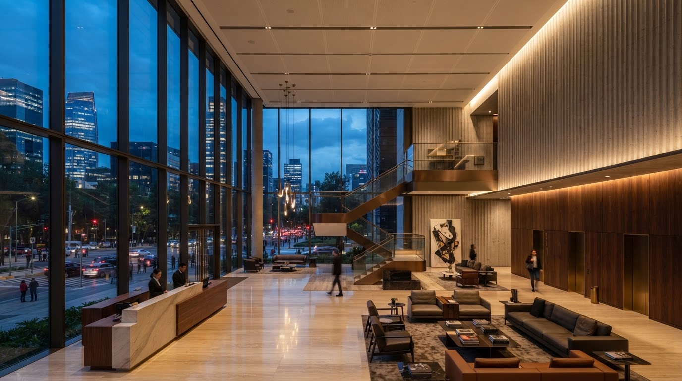 Lobby corporativo y edificio residencial de lujo en CDMX