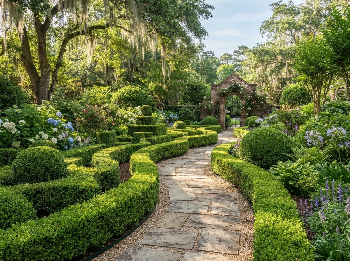 Precision pruning — Hand-shaped shrubs and hedges that frame every path.