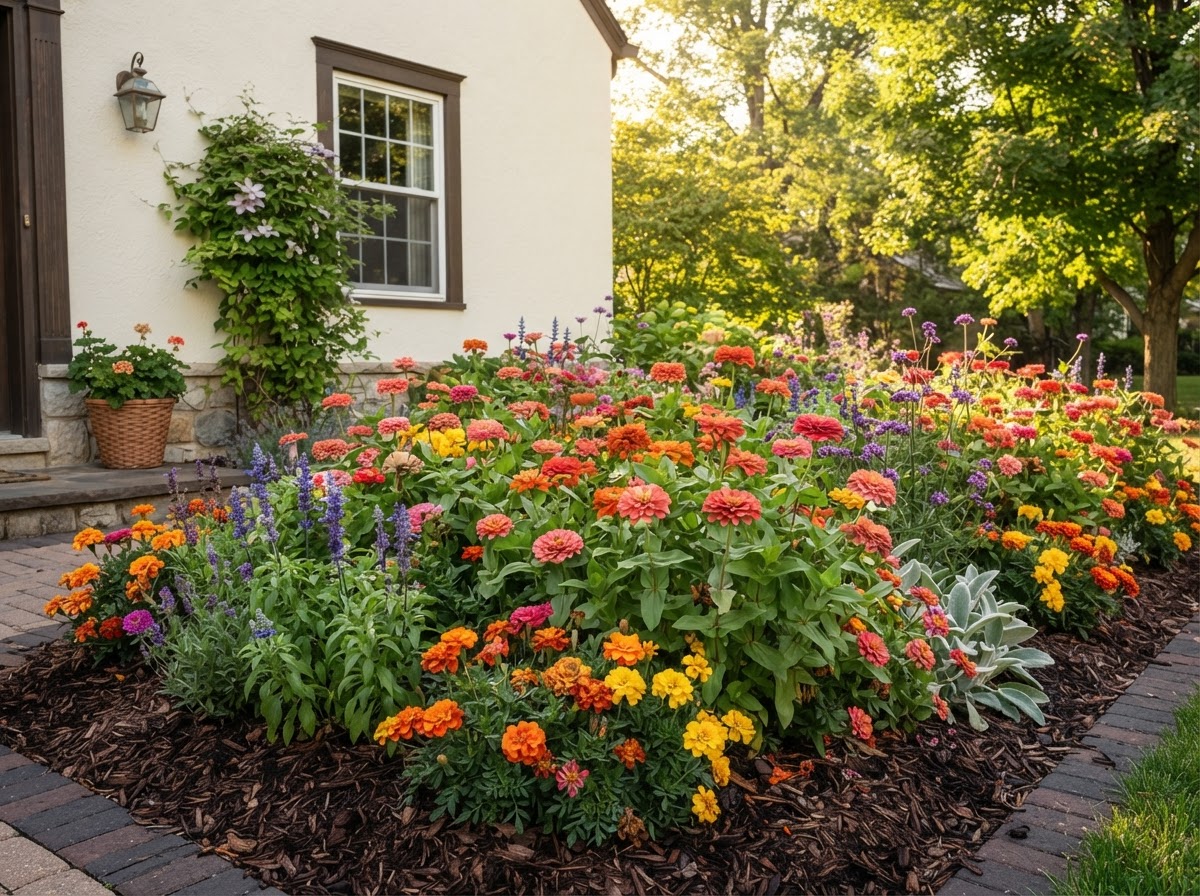 Seasonal flowerbed with coral and orange blooms