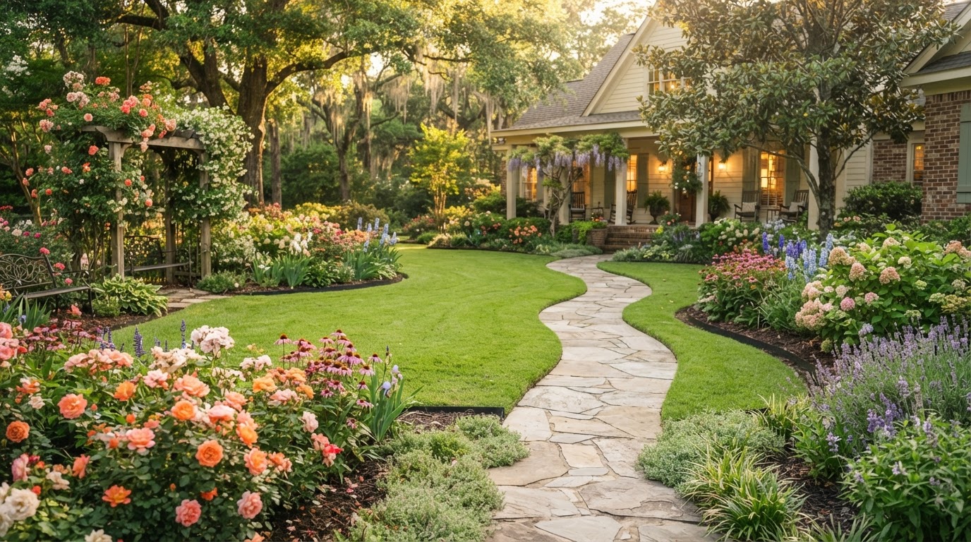 A lush, sunlit residential landscape with manicured lawn and coral flowerbeds in Asheboro, NC