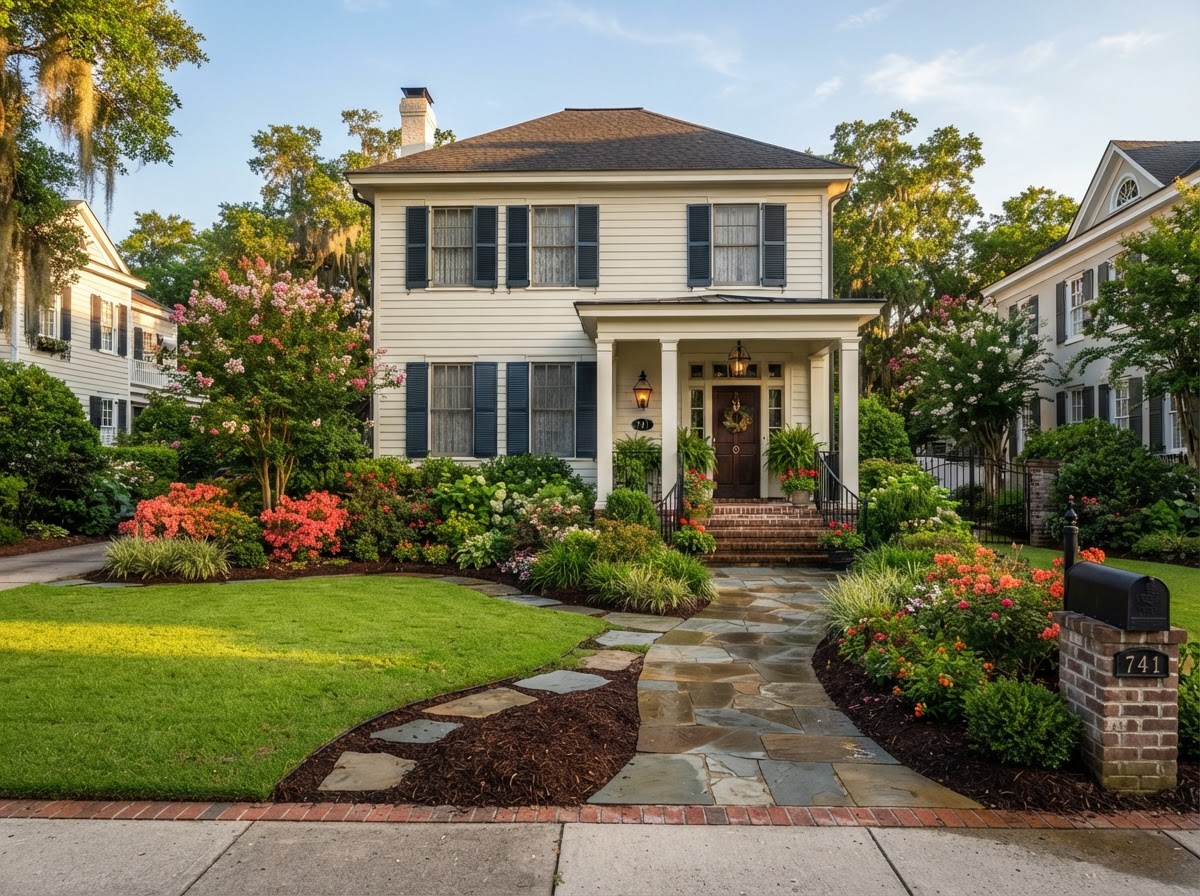 Foundation plantings — Fresh mulch and balanced beds for standout curb appeal.