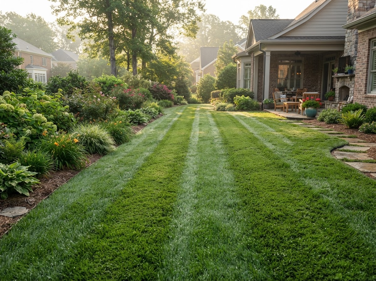 Manicured residential lawn with mowing stripes