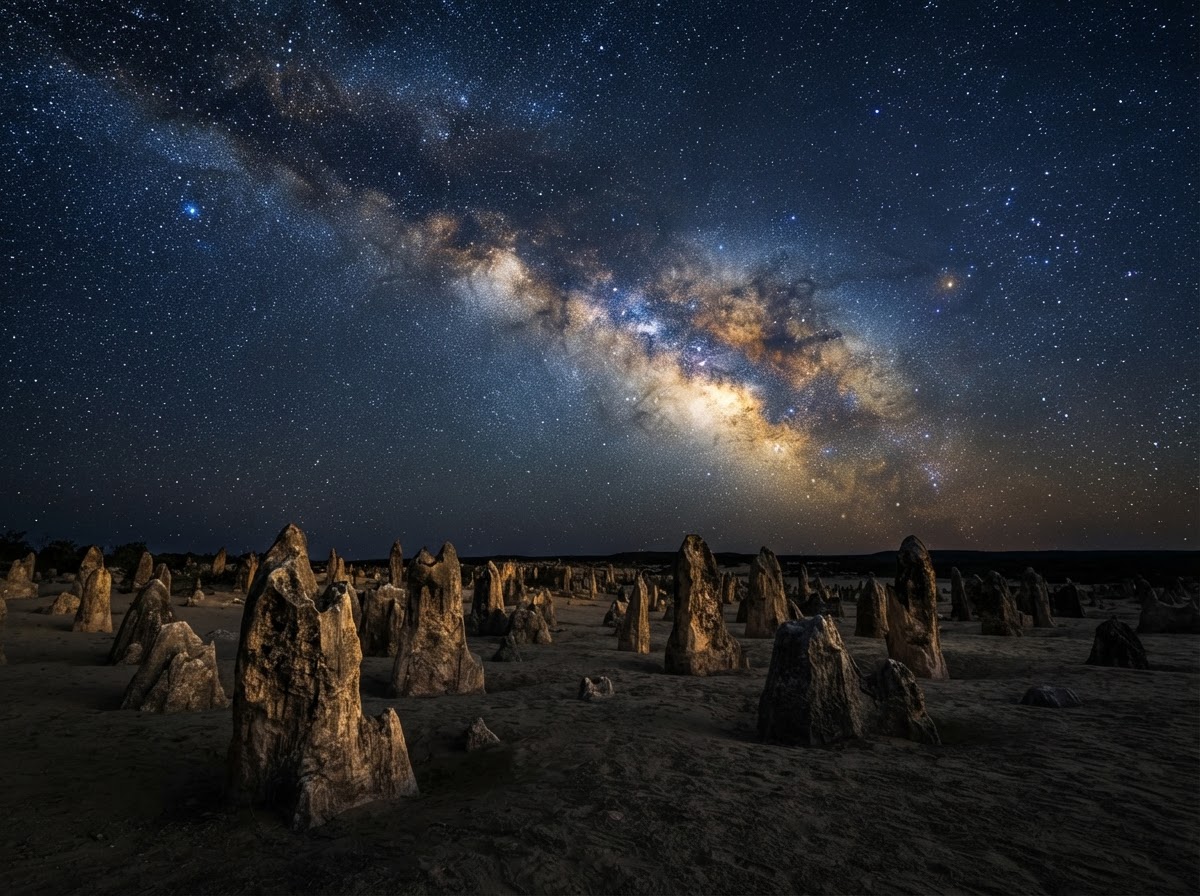 The Pinnacles Desert under a star-filled Milky Way night sky in Western Australia