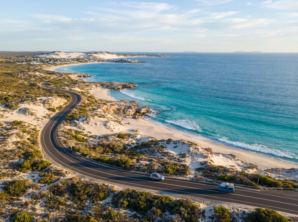 A coastal road winding along Western Australia's Turquoise Coast near Lancelin