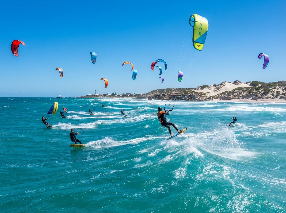 Kitesurfers riding turquoise ocean swells off Lancelin, Western Australia