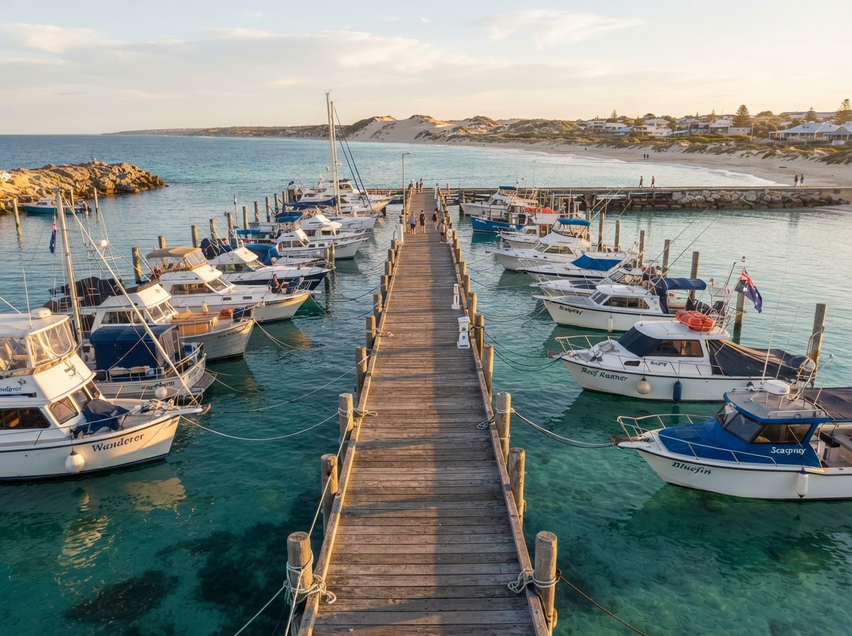 Leisure boats moored at a wooden coastal jetty near Lancelin, Western Australia